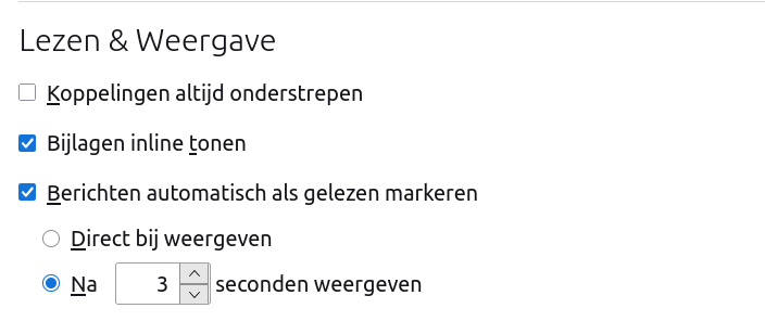 Screenshot van Thunderbird met instellingen om berichten wel of niet automatisch als gelezen te markeren