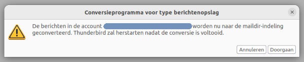 Screenshot van Thunderbird waarbij een conversie voorbereid wordt