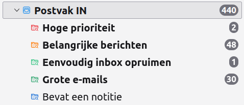 Screenshot van Thunderbird met diverse zoekfilters