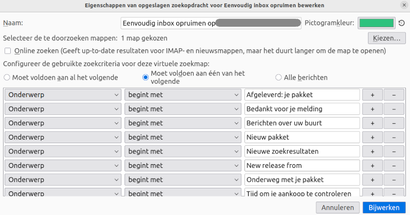 Screenshot van Thunderbird met zoekfilter om eenvoudig berichten op te ruimen